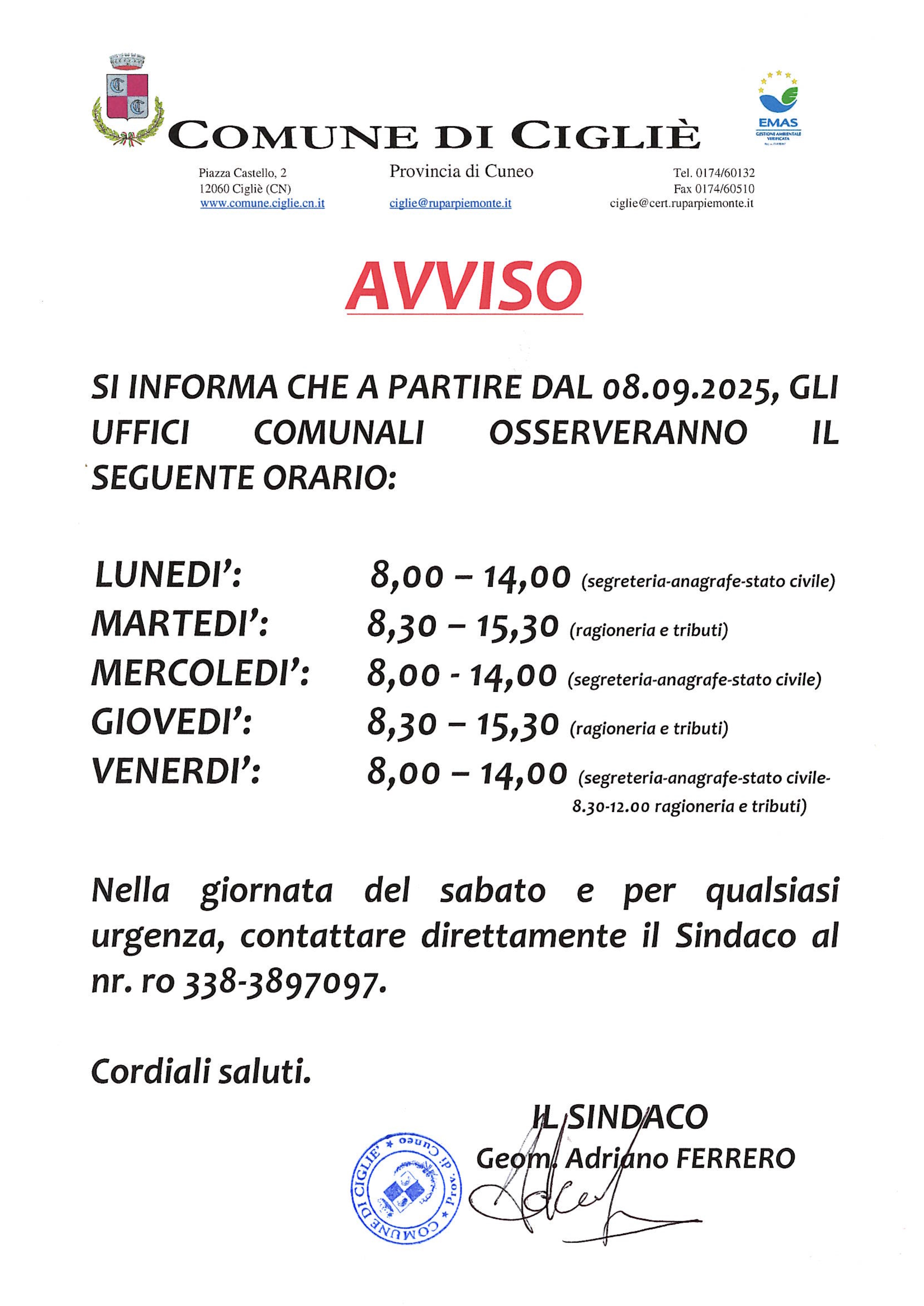 Variazione orario dal  08.09.2025