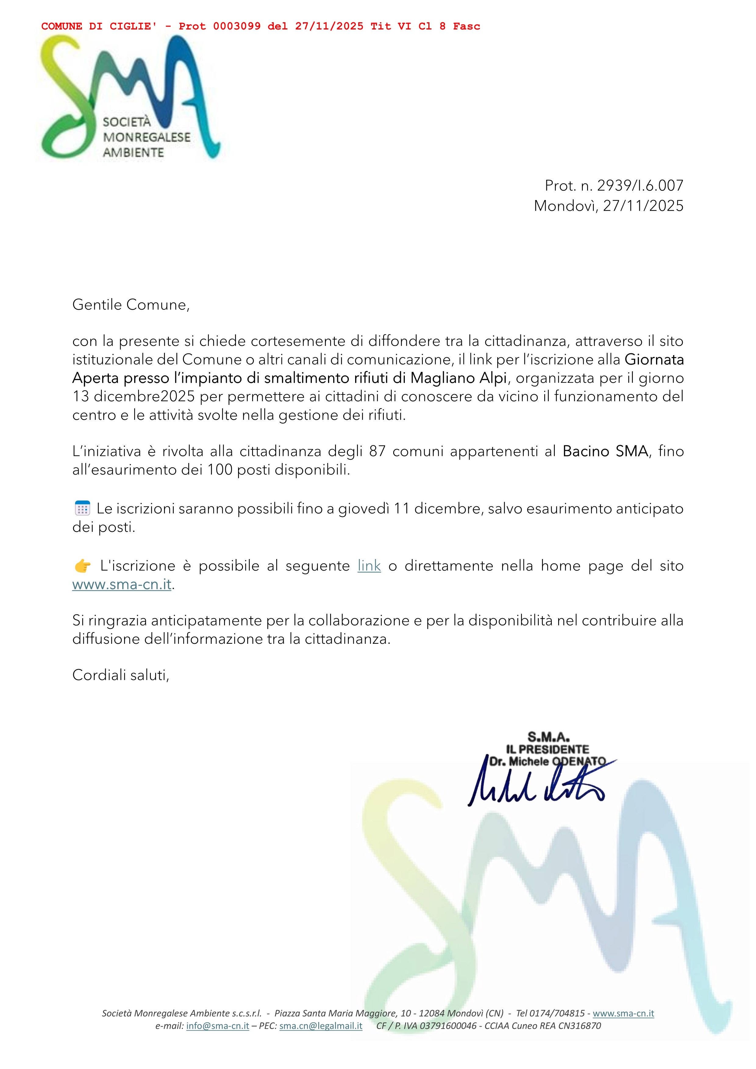 SMA 
Giornata Aperta presso l’impianto di smaltimento rifiuti di Magliano Alpi, 
organizzata per il giorno 13 dicembre 2025

