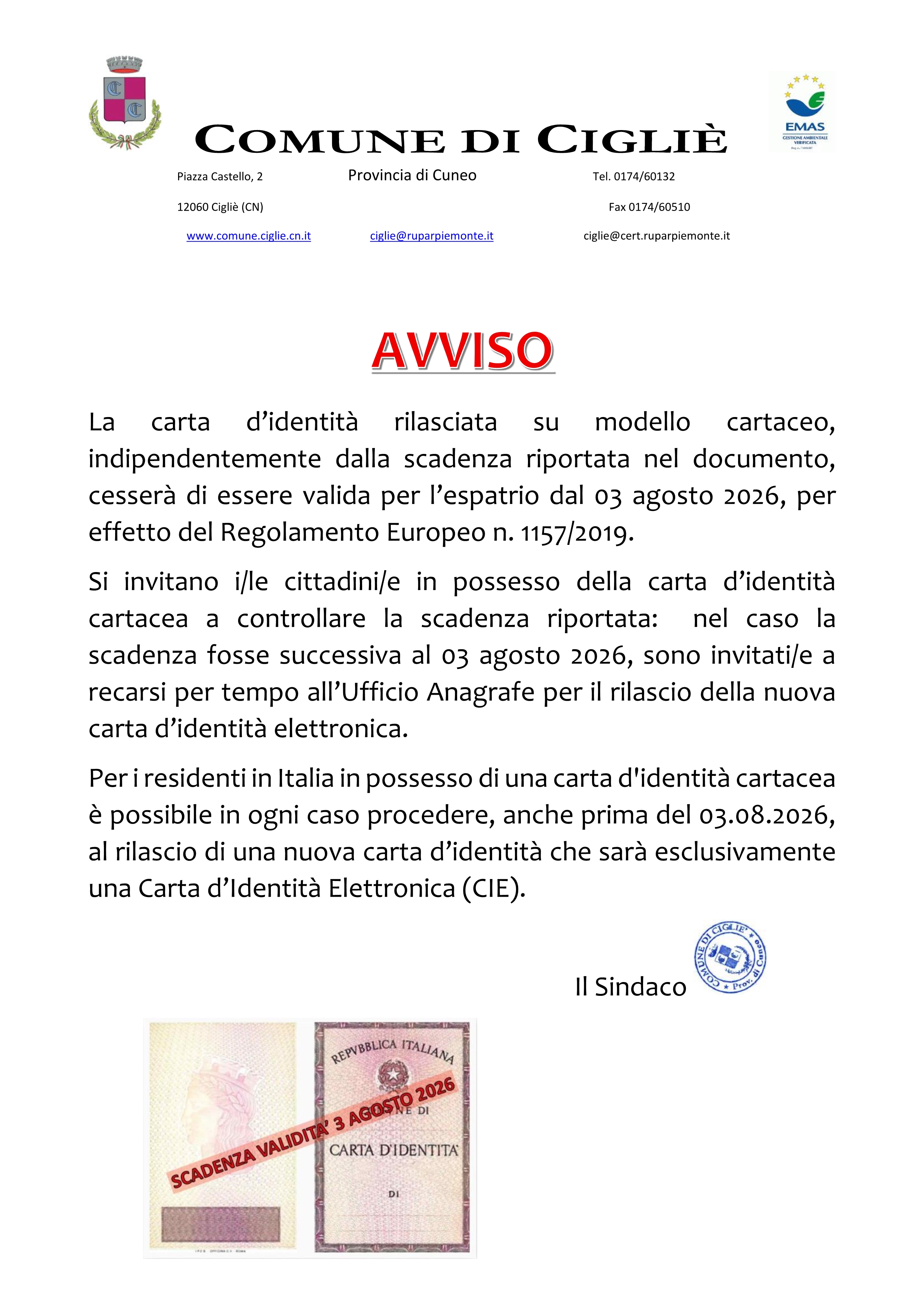 Carta d’identità rilasciata su modello cartaceo non più valida per l'espatrio dal 03 agosto 2026.