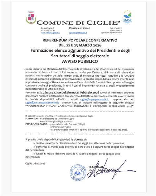 Avviso pubblico- Referendum popolare confermativo del 22 e 23 marzo 2026 - Formazione elenco aggiuntivo dei presidenti e degli scrutatori di seggio elettorale. 



