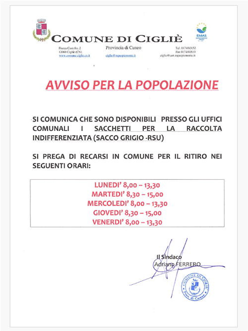Avviso per la popolazione